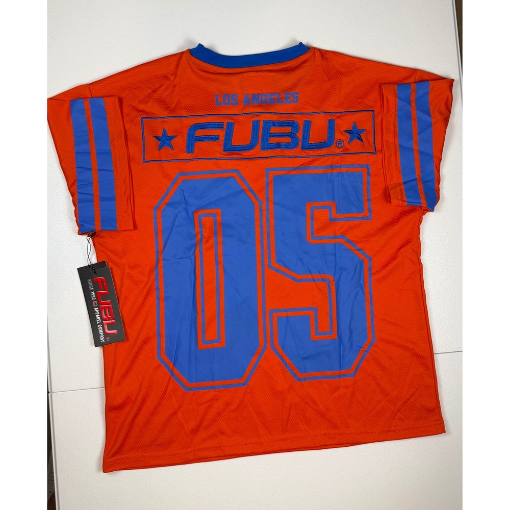 FUBU Los Angeles 05 Football Jersey Orange Blue Mesh Streetwear Mens Medium NWT - Picture 2 of 7